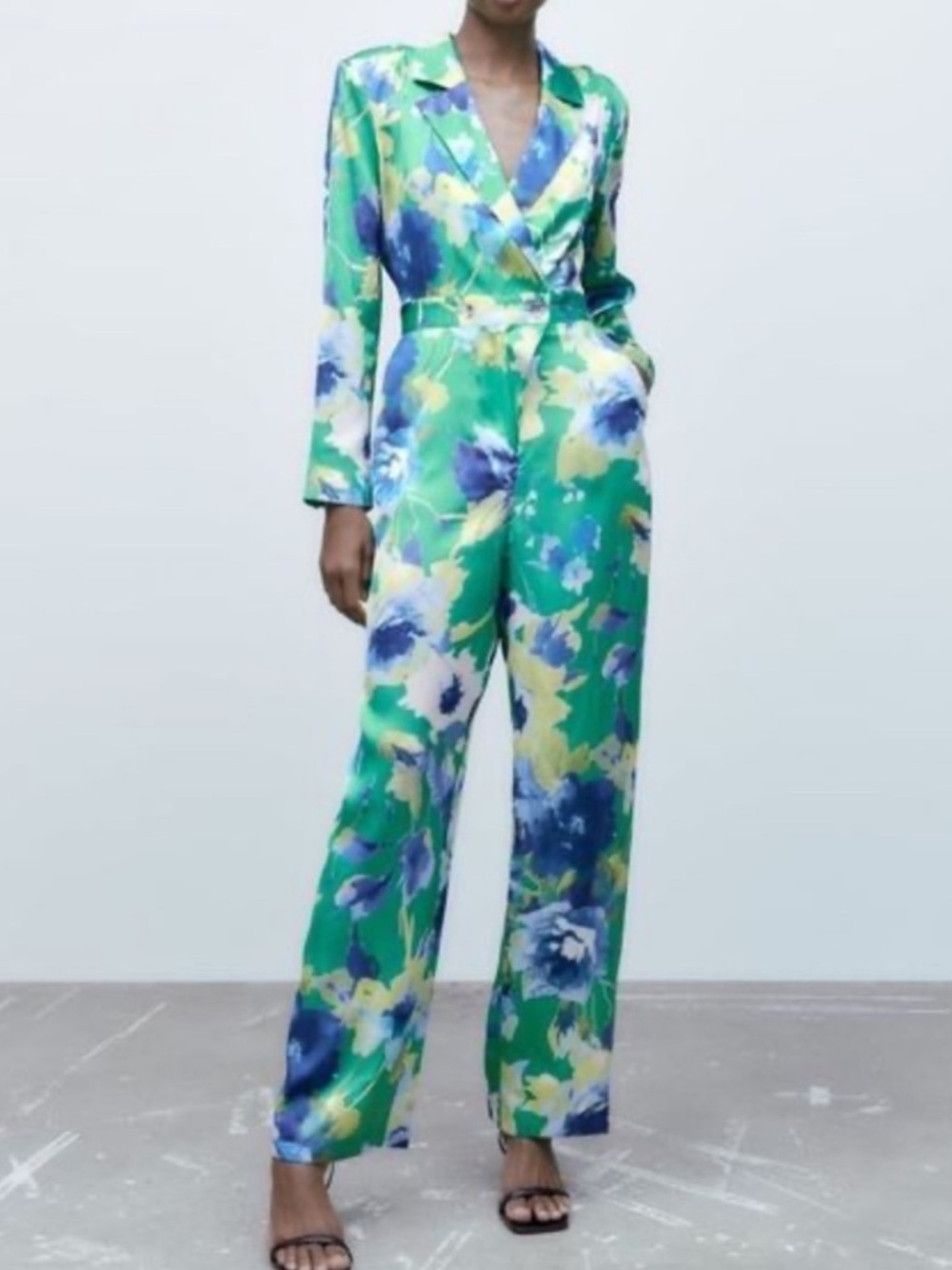 NWT Zara Floral Wrap Jumpsuit in Green & Blue Size XS